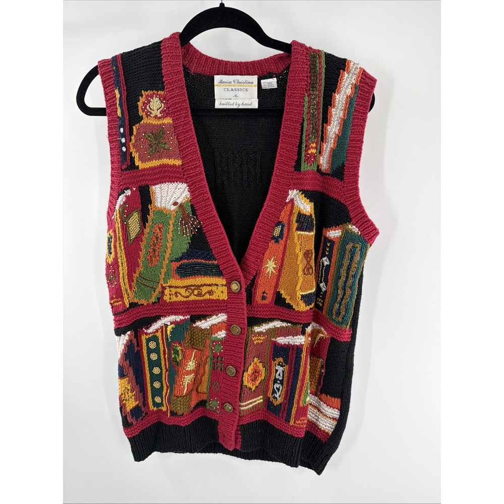Vtg Marisa Christina Hand Knit Sweater Vest Book Library Beaded Library Womens S